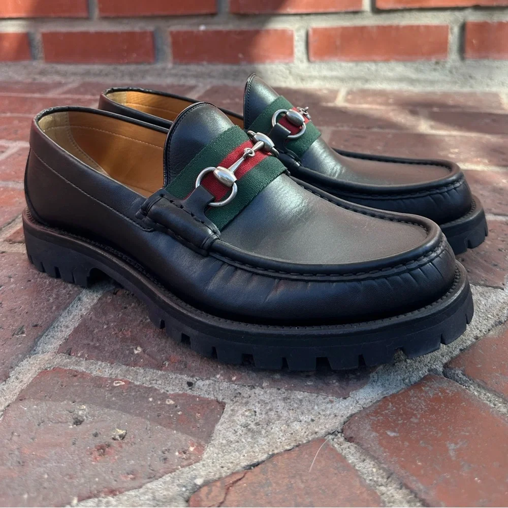 Gucci Black Leather Loafers with Green and Red Accents - Picture 3 of 7